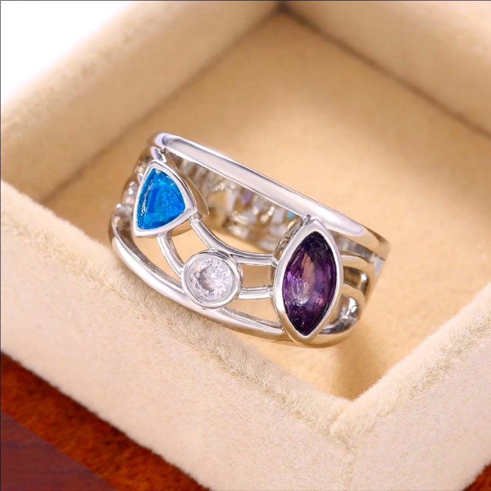 S925 Hollow-out Amethyst, Aquamarine, CZ ring